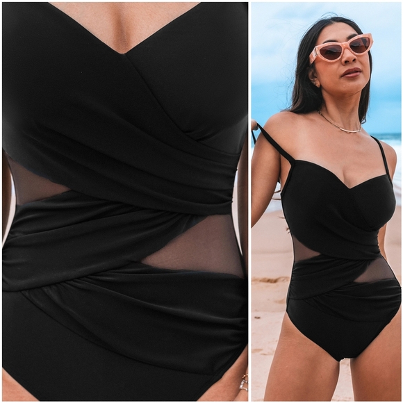 NWT Cupshe Black Mesh Bandage V Ruched Cut Out One Piece Swimsuit Bathing Suit M - Picture 3 of 9